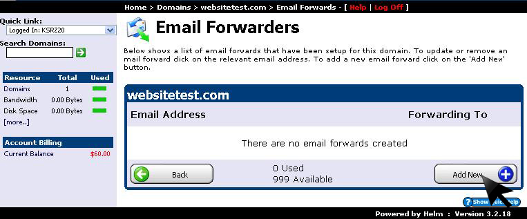 Add New email forwarder button